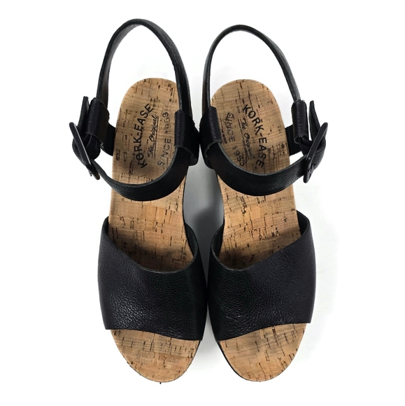 Kork Ease Keirn Pebbled Leather Platform Wedge Kork Footbed Sandals Black 8 - Picture 8 of 11
